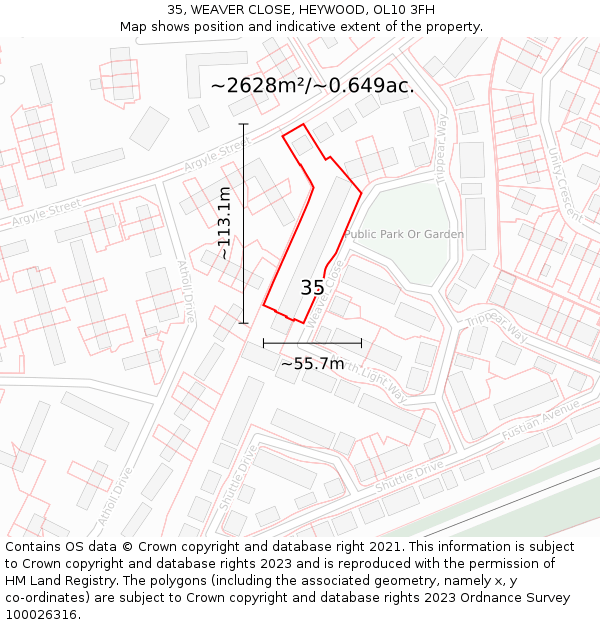 35, WEAVER CLOSE, HEYWOOD, OL10 3FH: Plot and title map