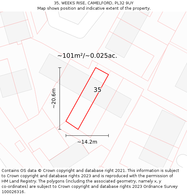 35, WEEKS RISE, CAMELFORD, PL32 9UY: Plot and title map