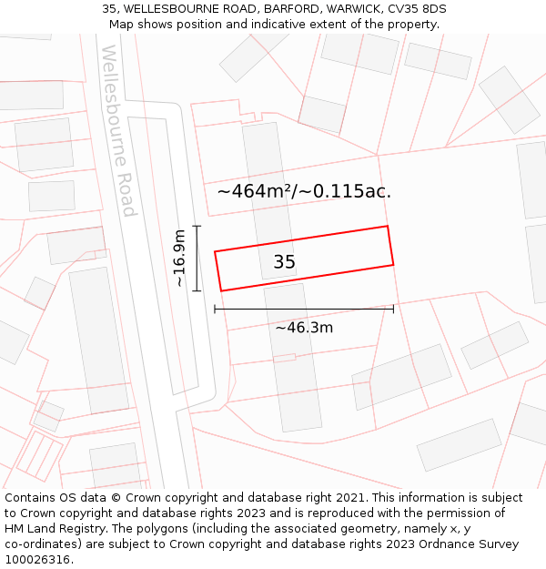 35, WELLESBOURNE ROAD, BARFORD, WARWICK, CV35 8DS: Plot and title map
