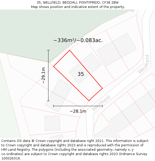 35, WELLFIELD, BEDDAU, PONTYPRIDD, CF38 2BW: Plot and title map