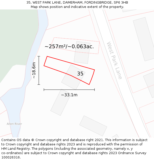 35, WEST PARK LANE, DAMERHAM, FORDINGBRIDGE, SP6 3HB: Plot and title map