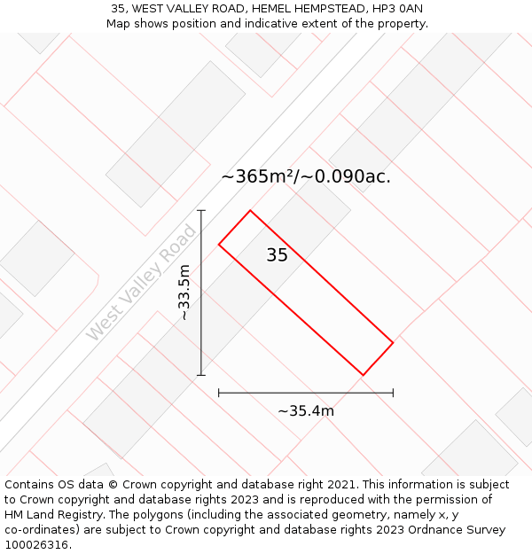 35, WEST VALLEY ROAD, HEMEL HEMPSTEAD, HP3 0AN: Plot and title map