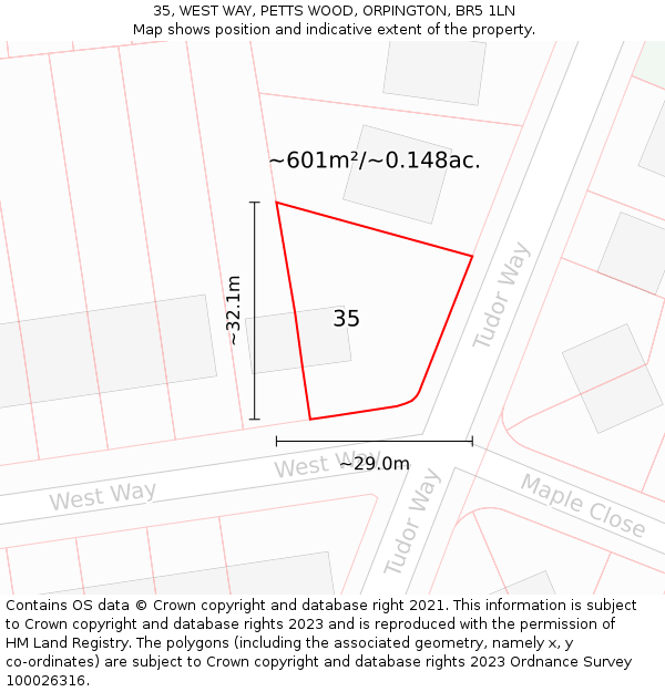 35, WEST WAY, PETTS WOOD, ORPINGTON, BR5 1LN: Plot and title map