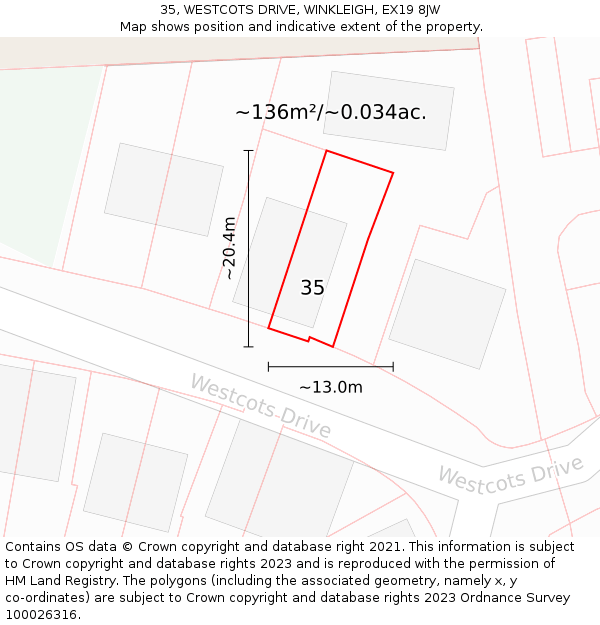 35, WESTCOTS DRIVE, WINKLEIGH, EX19 8JW: Plot and title map