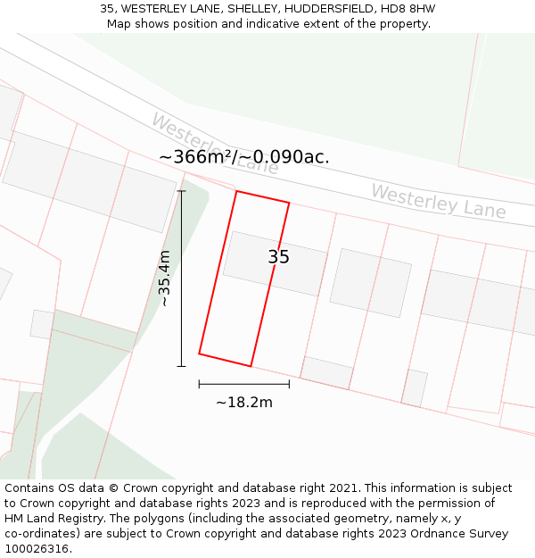 35, WESTERLEY LANE, SHELLEY, HUDDERSFIELD, HD8 8HW: Plot and title map