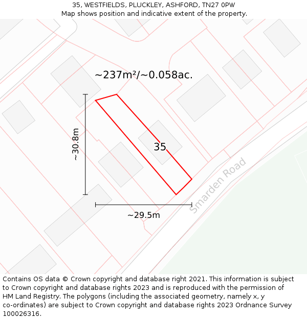35, WESTFIELDS, PLUCKLEY, ASHFORD, TN27 0PW: Plot and title map