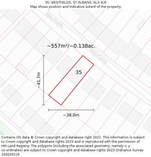 35, WESTFIELDS, ST ALBANS, AL3 4LR: Plot and title map