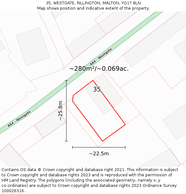 35, WESTGATE, RILLINGTON, MALTON, YO17 8LN: Plot and title map