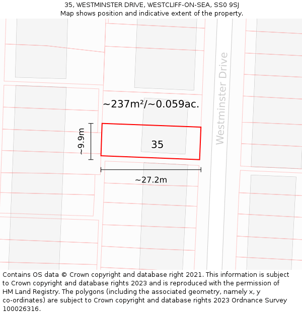 35, WESTMINSTER DRIVE, WESTCLIFF-ON-SEA, SS0 9SJ: Plot and title map