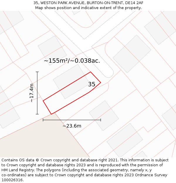 35, WESTON PARK AVENUE, BURTON-ON-TRENT, DE14 2AF: Plot and title map