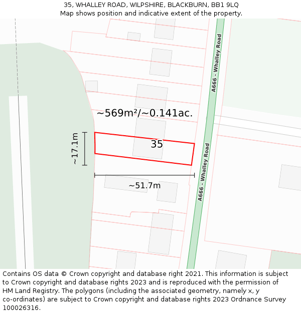 35, WHALLEY ROAD, WILPSHIRE, BLACKBURN, BB1 9LQ: Plot and title map
