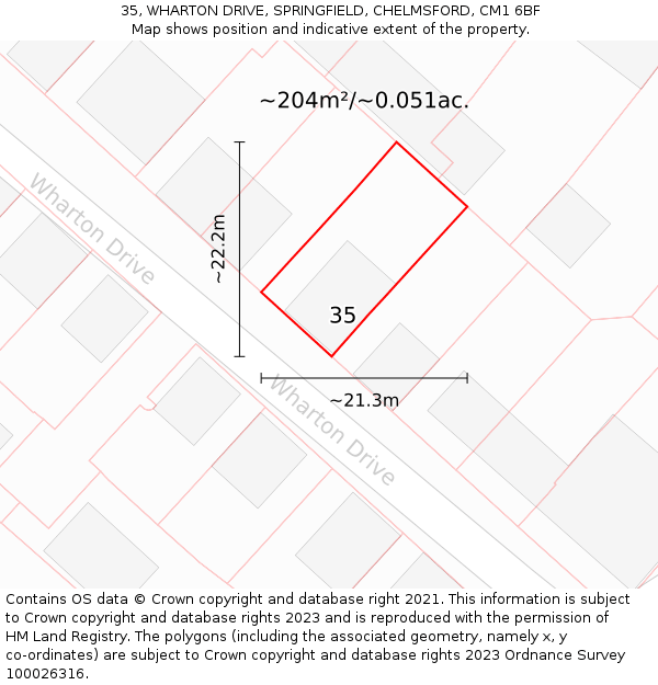 35, WHARTON DRIVE, SPRINGFIELD, CHELMSFORD, CM1 6BF: Plot and title map