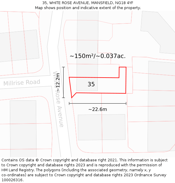 35, WHITE ROSE AVENUE, MANSFIELD, NG18 4YF: Plot and title map