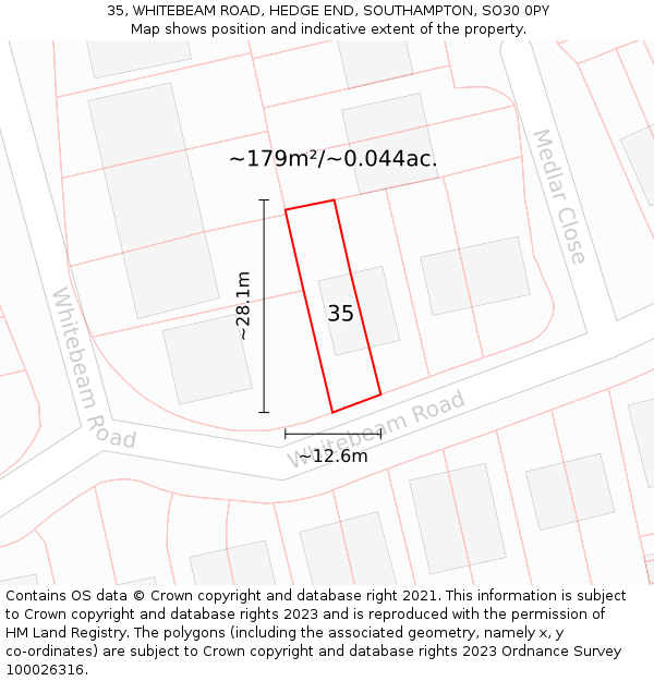 35, WHITEBEAM ROAD, HEDGE END, SOUTHAMPTON, SO30 0PY: Plot and title map