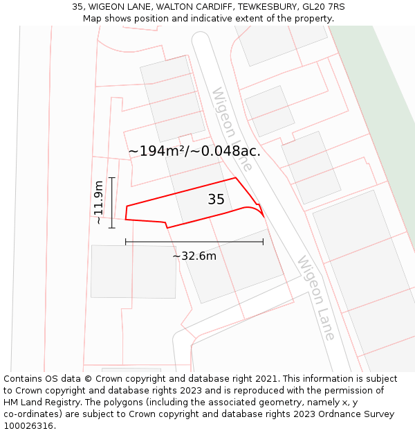 35, WIGEON LANE, WALTON CARDIFF, TEWKESBURY, GL20 7RS: Plot and title map