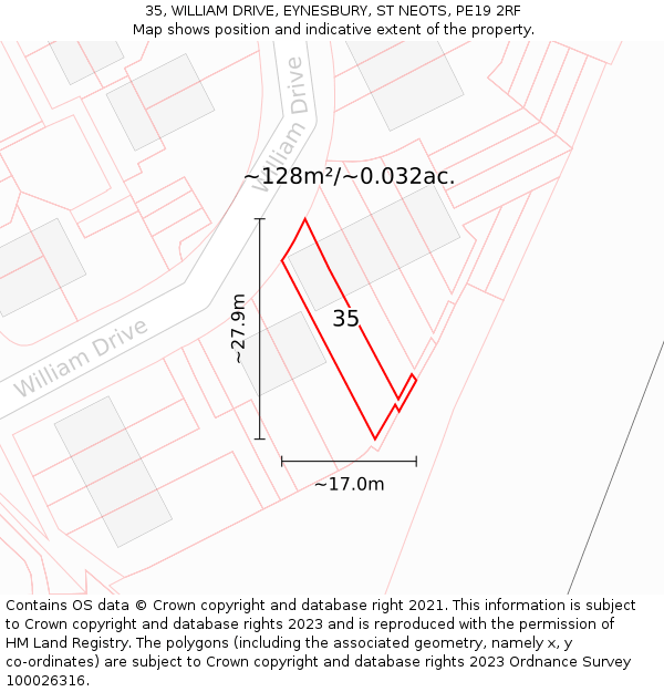 35, WILLIAM DRIVE, EYNESBURY, ST NEOTS, PE19 2RF: Plot and title map