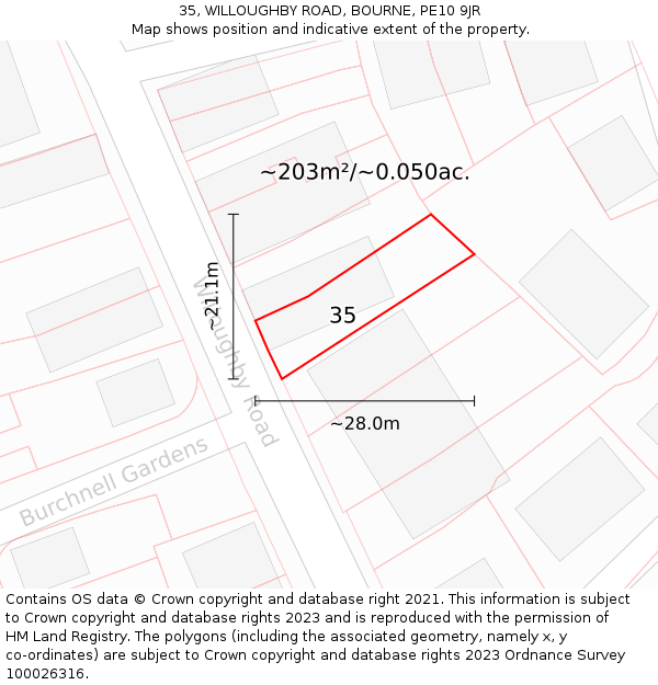 35, WILLOUGHBY ROAD, BOURNE, PE10 9JR: Plot and title map
