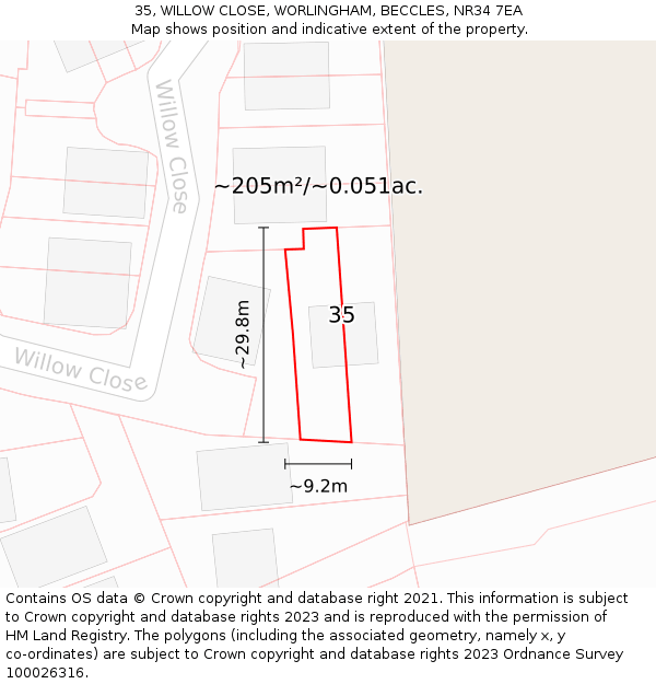 35, WILLOW CLOSE, WORLINGHAM, BECCLES, NR34 7EA: Plot and title map