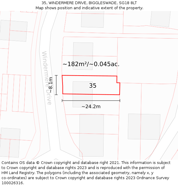 35, WINDERMERE DRIVE, BIGGLESWADE, SG18 8LT: Plot and title map