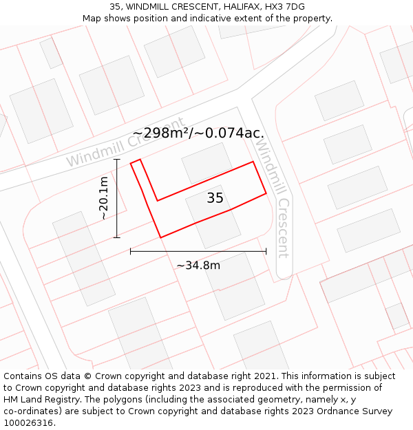35, WINDMILL CRESCENT, HALIFAX, HX3 7DG: Plot and title map