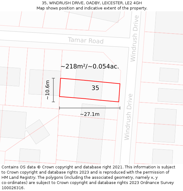 35, WINDRUSH DRIVE, OADBY, LEICESTER, LE2 4GH: Plot and title map