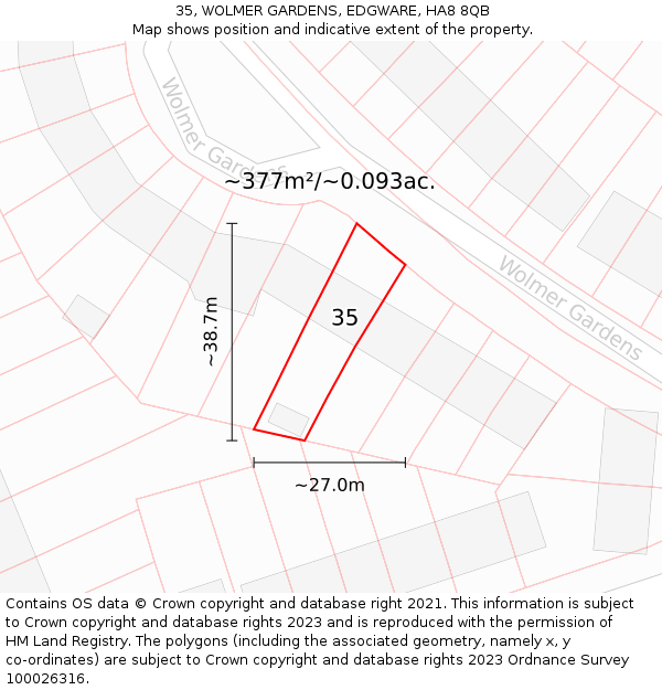 35, WOLMER GARDENS, EDGWARE, HA8 8QB: Plot and title map