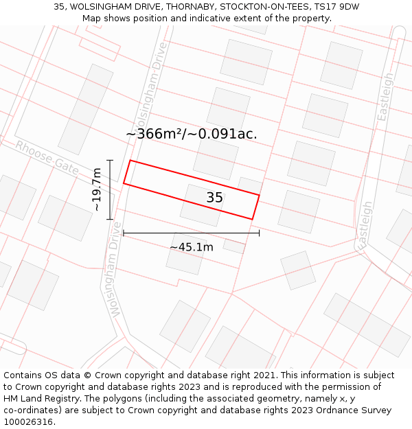 35, WOLSINGHAM DRIVE, THORNABY, STOCKTON-ON-TEES, TS17 9DW: Plot and title map