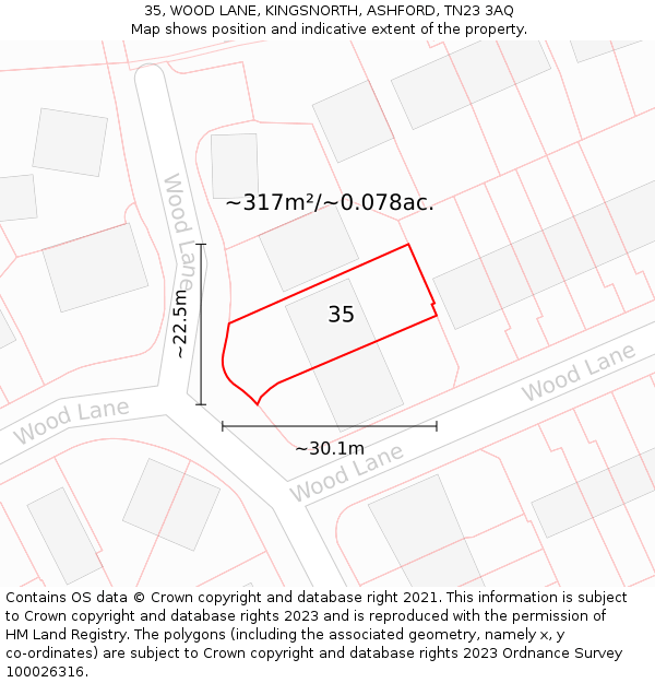 35, WOOD LANE, KINGSNORTH, ASHFORD, TN23 3AQ: Plot and title map