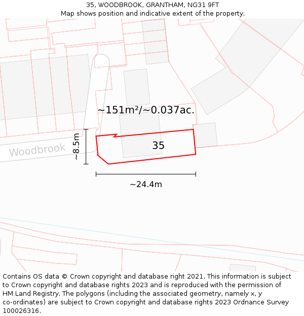 35, WOODBROOK, GRANTHAM, NG31 9FT: Plot and title map