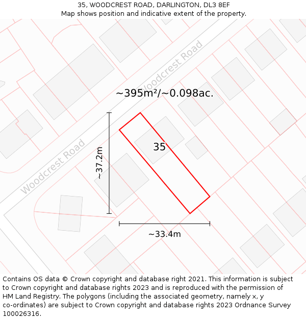 35, WOODCREST ROAD, DARLINGTON, DL3 8EF: Plot and title map