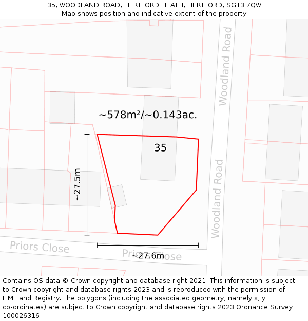 35, WOODLAND ROAD, HERTFORD HEATH, HERTFORD, SG13 7QW: Plot and title map