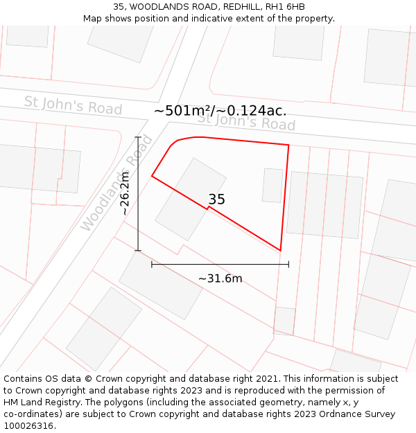 35, WOODLANDS ROAD, REDHILL, RH1 6HB: Plot and title map