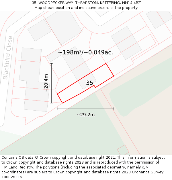 35, WOODPECKER WAY, THRAPSTON, KETTERING, NN14 4RZ: Plot and title map