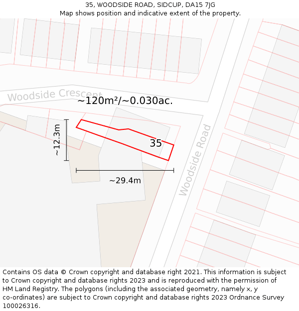 35, WOODSIDE ROAD, SIDCUP, DA15 7JG: Plot and title map