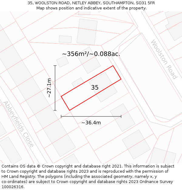 35, WOOLSTON ROAD, NETLEY ABBEY, SOUTHAMPTON, SO31 5FR: Plot and title map