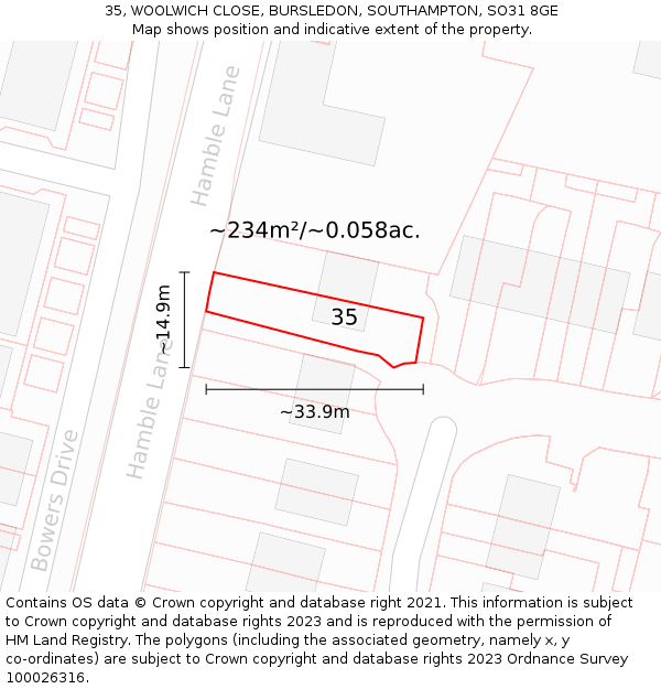 35, WOOLWICH CLOSE, BURSLEDON, SOUTHAMPTON, SO31 8GE: Plot and title map