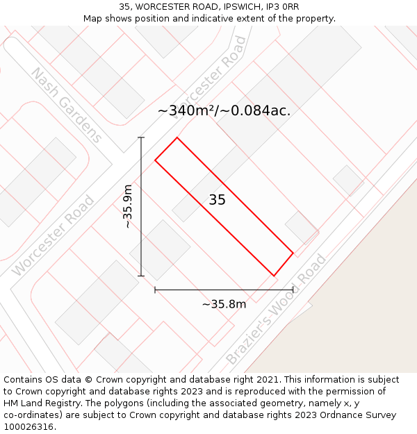 35, WORCESTER ROAD, IPSWICH, IP3 0RR: Plot and title map