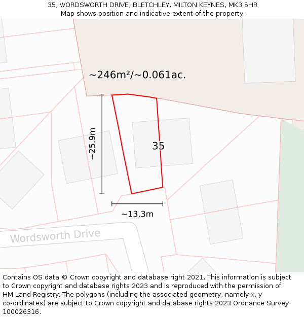 35, WORDSWORTH DRIVE, BLETCHLEY, MILTON KEYNES, MK3 5HR: Plot and title map