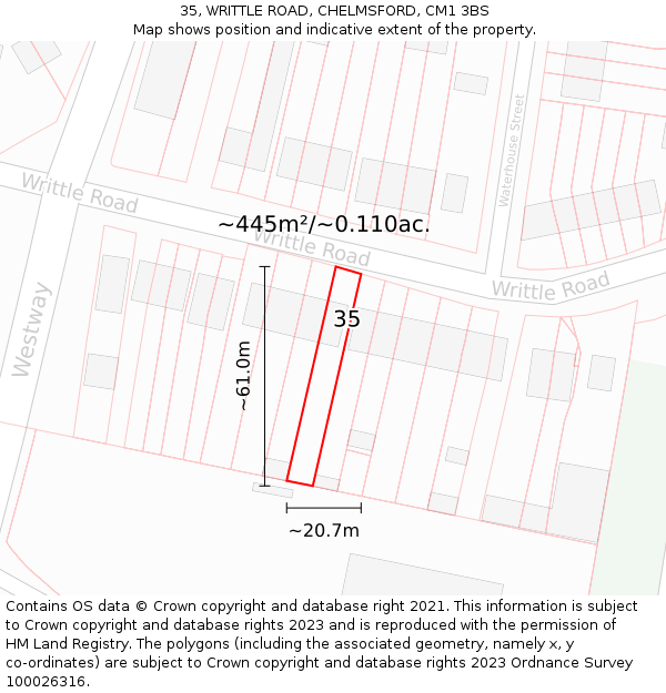 35, WRITTLE ROAD, CHELMSFORD, CM1 3BS: Plot and title map