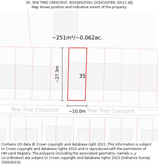 35, YEW TREE CRESCENT, ROSSINGTON, DONCASTER, DN11 0EJ: Plot and title map