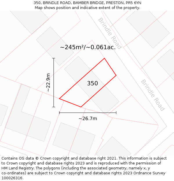 350, BRINDLE ROAD, BAMBER BRIDGE, PRESTON, PR5 6YN: Plot and title map