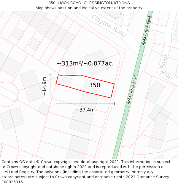 350, HOOK ROAD, CHESSINGTON, KT9 1NA: Plot and title map
