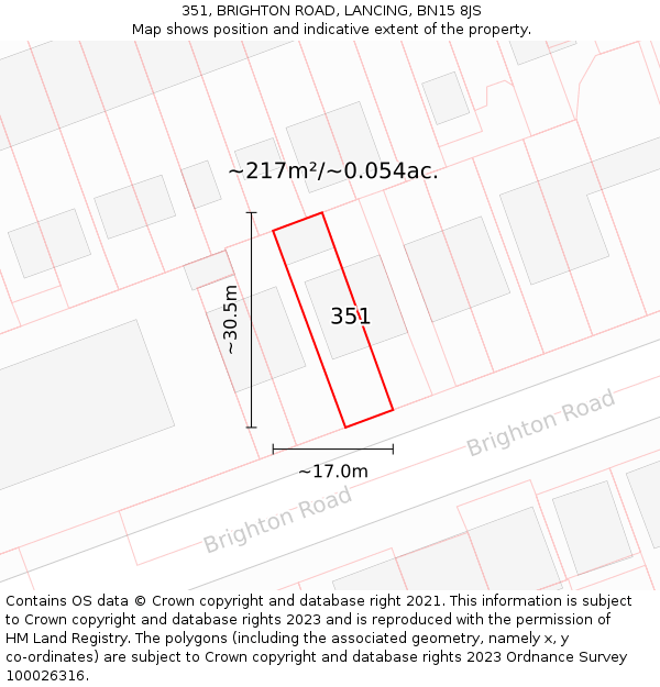 351, BRIGHTON ROAD, LANCING, BN15 8JS: Plot and title map