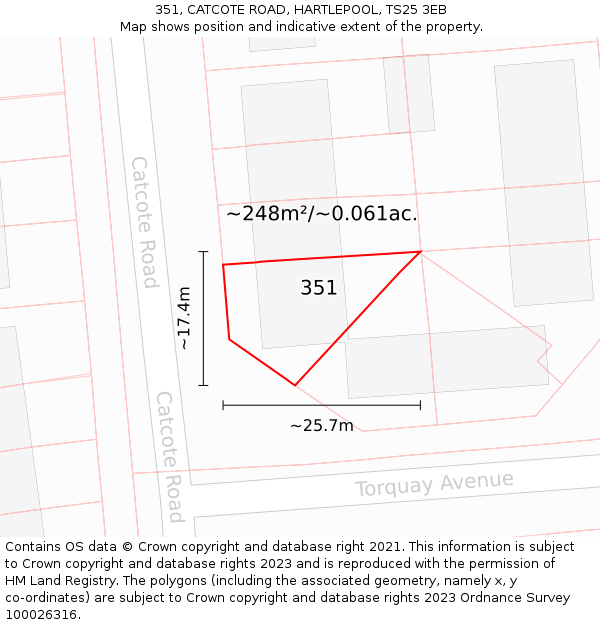351, CATCOTE ROAD, HARTLEPOOL, TS25 3EB: Plot and title map