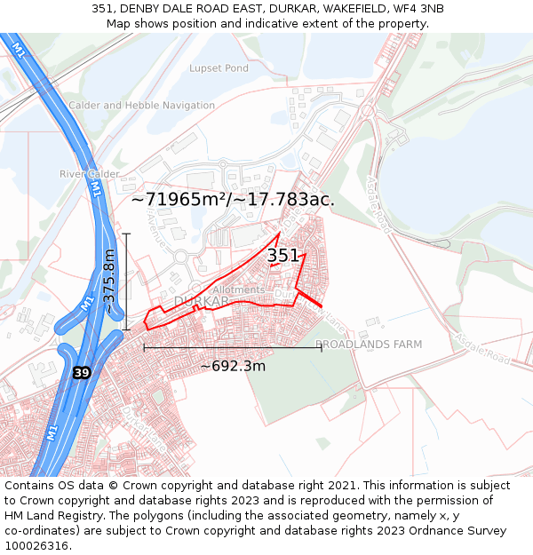 351, DENBY DALE ROAD EAST, DURKAR, WAKEFIELD, WF4 3NB: Plot and title map
