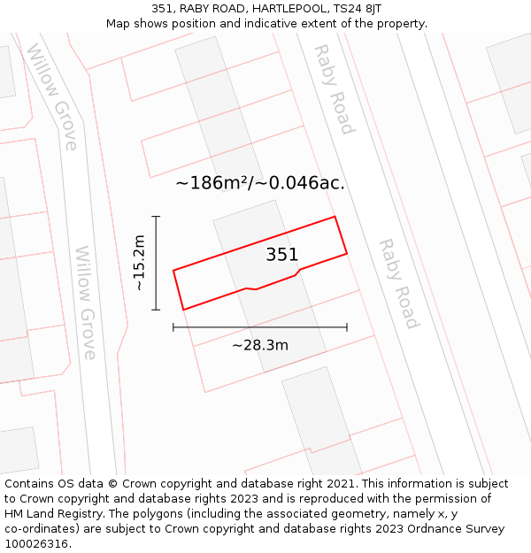 351, RABY ROAD, HARTLEPOOL, TS24 8JT: Plot and title map