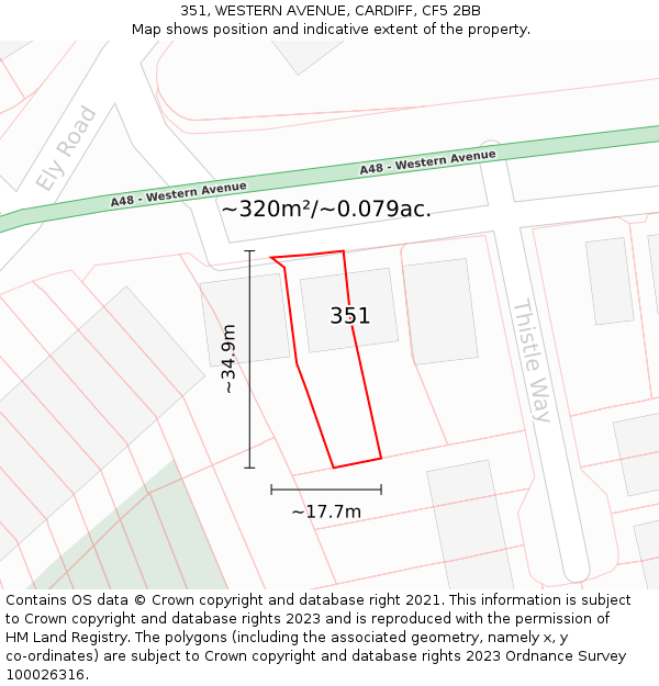 351, WESTERN AVENUE, CARDIFF, CF5 2BB: Plot and title map