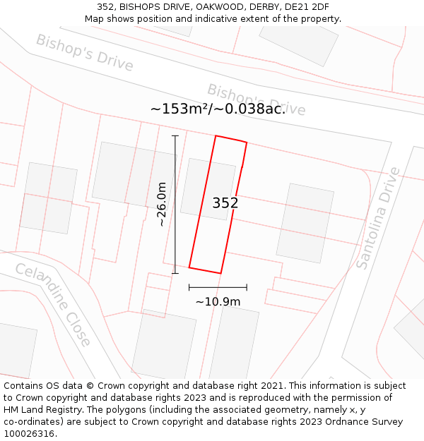 352, BISHOPS DRIVE, OAKWOOD, DERBY, DE21 2DF: Plot and title map