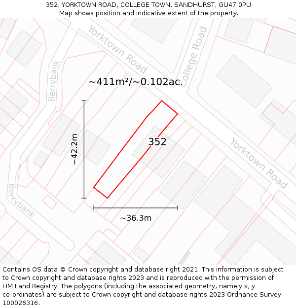 352, YORKTOWN ROAD, COLLEGE TOWN, SANDHURST, GU47 0PU: Plot and title map