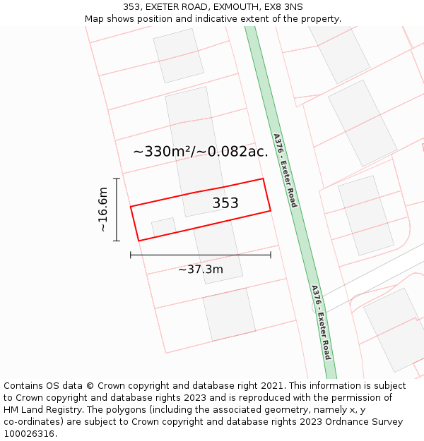 353, EXETER ROAD, EXMOUTH, EX8 3NS: Plot and title map